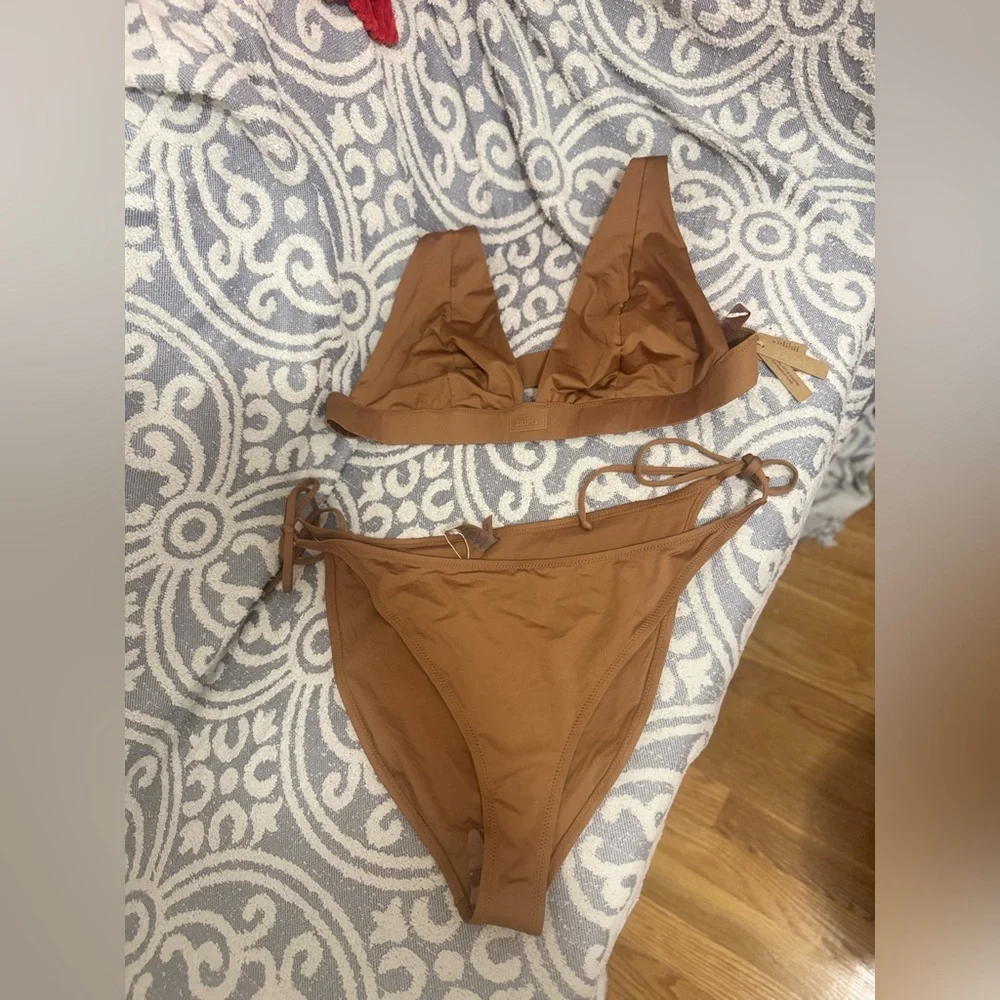 SKIMS Size 4X Swim Plunge Top + Tie Bikini Bottom Set Almond Women’s NWT